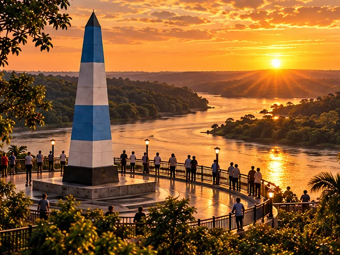 Marco das Três Fronteiras do lado argentino ao pôr do sol