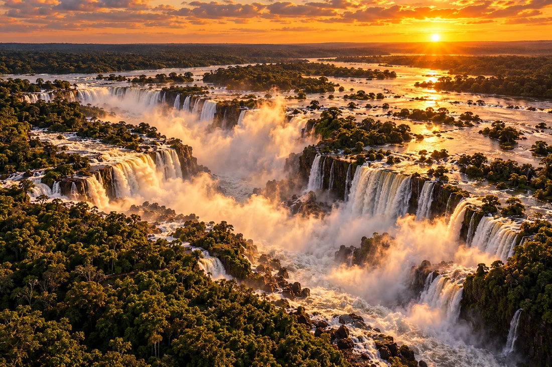Vista aérea das Cataratas do Iguaçu cercadas de floresta