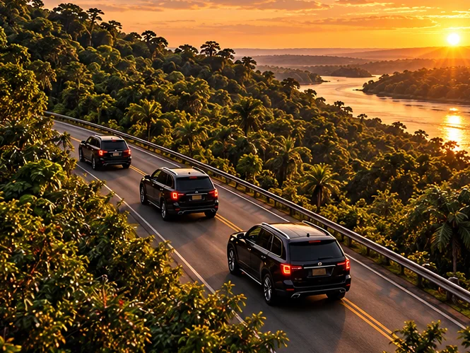 SUVs pretas em comboio numa estrada cercada de mata