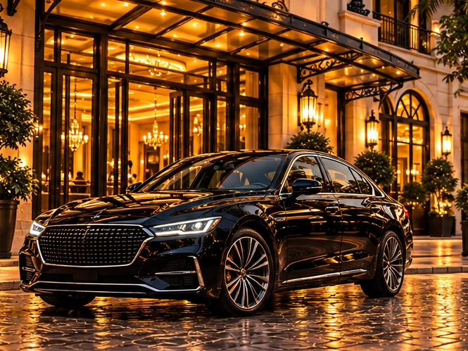 Sedan executivo preto em frente a um hotel