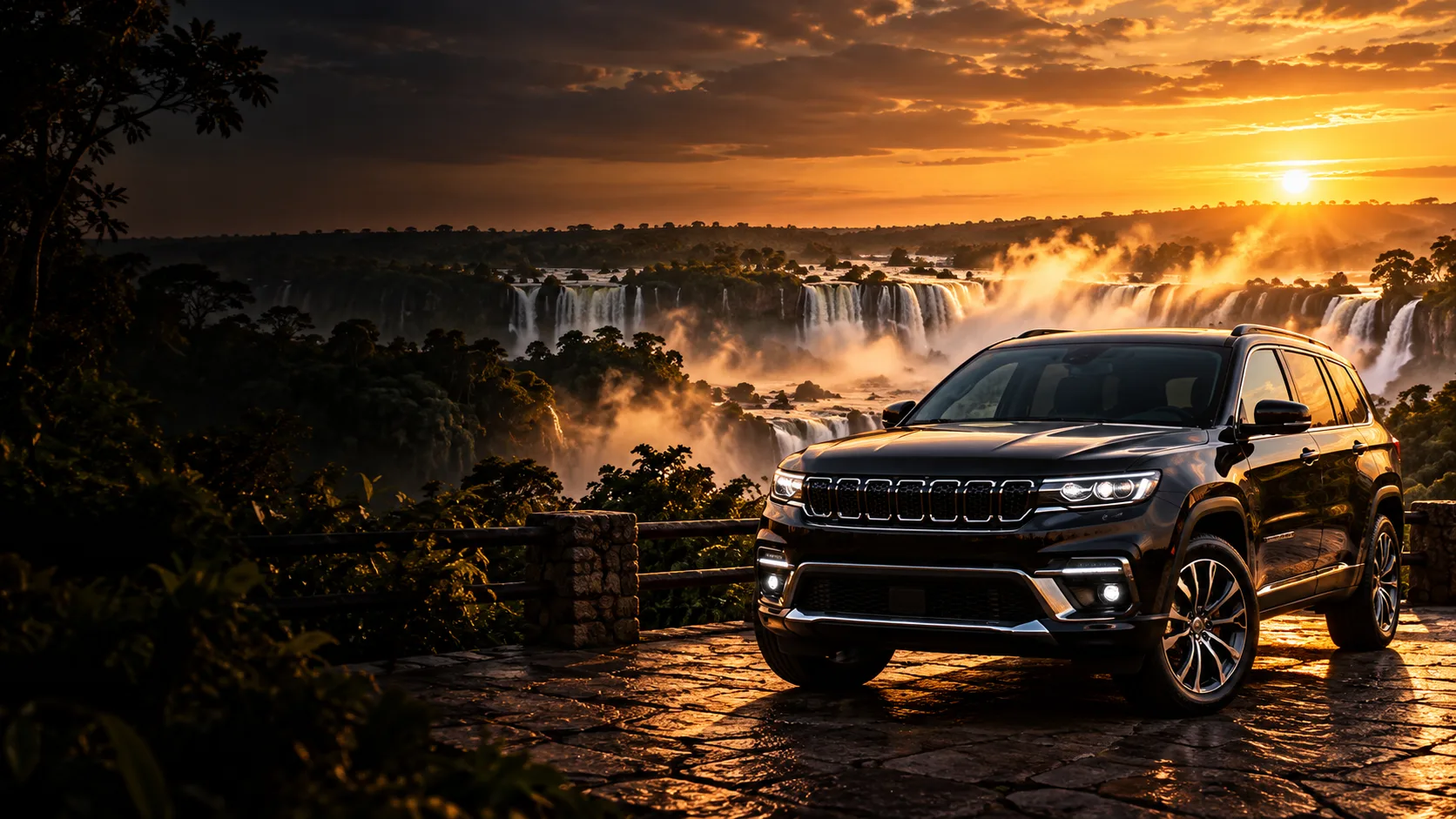SUV preta da Lordelo num mirante diante das Cataratas do Iguaçu ao pôr do sol