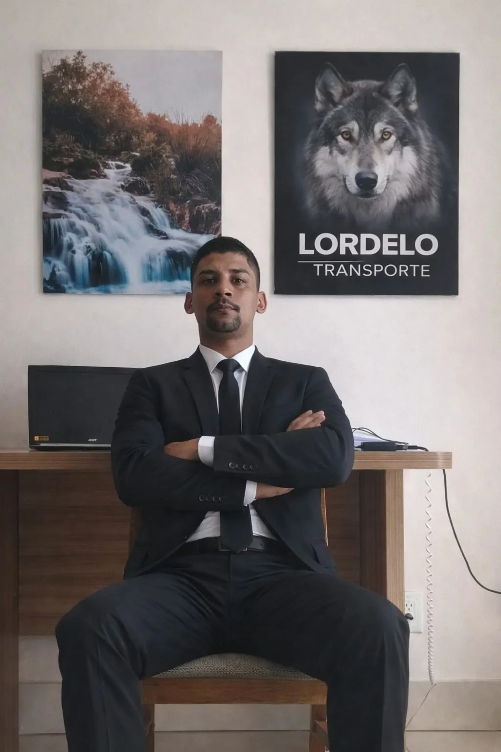 Lordelo, fundador da Lordelo Transporte e Turismo, de terno e braços cruzados no escritório, com o quadro da marca ao fundo